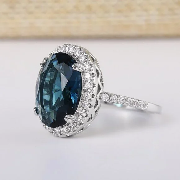 ▶Noble Hollow Anillos Super Large Oval Pure Royal Blue CZ Silver Ring, L263